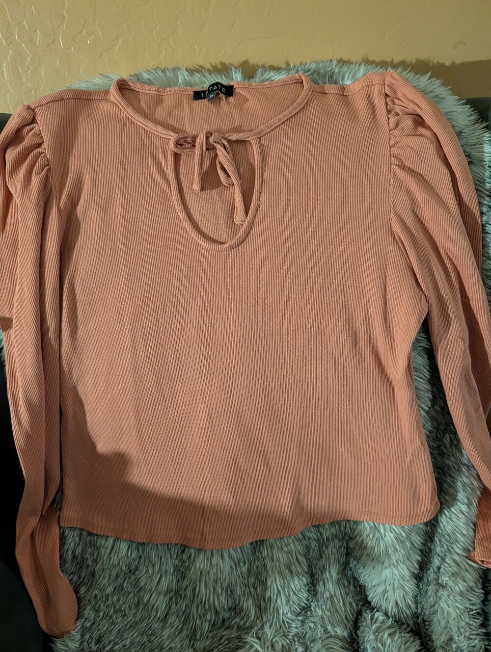 1. State Blush Pink Tie-Neck Ribbed Puff-Sleeve Top